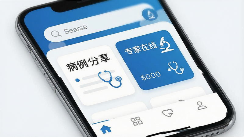 一张现代简约风格的应用界面展示图,主体为手机屏幕,屏幕上显示“兽医首选”APP首页,布局清晰,顶部为搜索栏,中部为“病例分享”与“专家在线”两个核心模块卡片,底部为导航栏,整体色调为医疗白与专业蓝,细节处有显微镜与听诊器图标点缀,画质高清,干净无多余元素