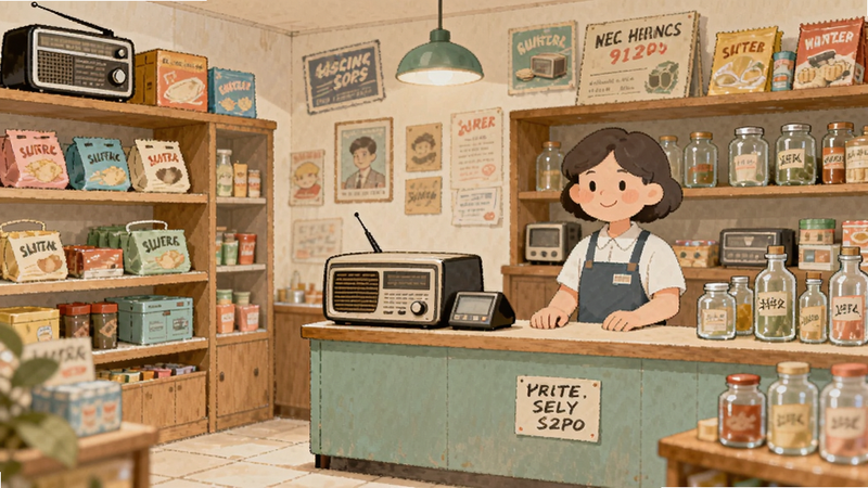 主体为一家充满90年代怀旧风格的杂货店内部,布局温馨整洁,货架上摆满复古商品,柜台后站着一位微笑的店主,整体排版和谐,风格为清新治愈系插画,细节丰富如老式收音机和玻璃瓶,画质高清干净,无多余元素
