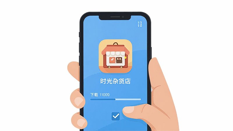 主体为一只手拿着智能手机正在安装应用,手机屏幕显示“时光杂货店”图标,布局清晰,排版简洁,风格为扁平化插画,细节包括下载进度条和勾选框,画质清晰干净,无多余元素