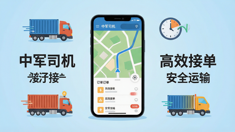 中军司机App主界面全景图,扁平化设计风格,高清矢量插画,中心显示手机屏幕,屏幕上展示着地图导航界面和订单列表,背景为浅蓝色渐变,周围环绕着货车、集装箱、时钟等物流元素图标,文字标注“中军司机”、“高效接单”、“安全运输”,整体布局清晰,色彩明快,无多余装饰,8k分辨率