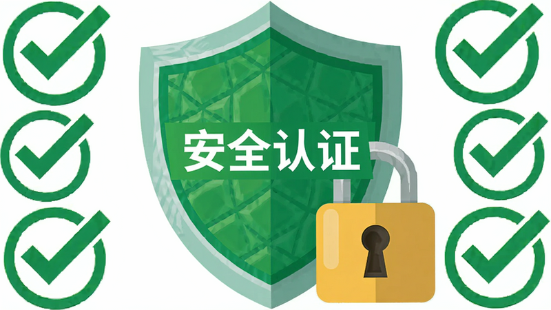盾牌图标与锁头组合,背景为绿色安全色调,周围环绕着验证对勾符号,主体为安全认证标志,布局简洁,风格为扁平化设计,细节如盾牌纹理、锁孔结构清晰,画质纯净,无杂乱背景,文字