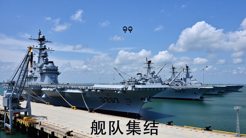 一排整齐停泊在码头的大型战舰,包括航母、战列舰等,舰身整洁崭新,背景是晴朗的蓝天和洁白的云朵,前景有码头起重机,构图采用广角镜头,展现舰队的庞大与壮观,风格为明亮写实,细节如舰名、舷号清晰,画质精致,无阴影杂乱,文字