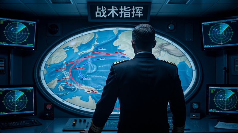 展示战舰内部指挥室场景,一名军官站在巨大的圆形战术地图前,地图上显示着红蓝两色舰船轨迹,周围环绕着多个监控屏幕显示雷达波形,灯光昏暗偏蓝,营造紧张氛围,主体为军官背影,布局紧凑,风格为电影级写实,细节如制服纹理、屏幕反光清晰可见,画质高,无多余装饰,文字