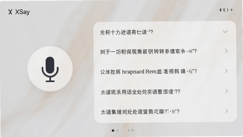 展示XSay界面中的语音转文字功能,左侧为麦克风图标,右侧为实时生成的文本列表,背景柔和,UI界面清晰,文字内容示例清晰可见,风格极简,细节精致,画质细腻,干净,无多余元素