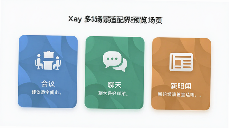XSay多场景适配界面预览,展示三个并排的卡片,分别代表会议、聊天、新闻场景,每个卡片有对应的图标和简短描述,布局整齐,风格统一,色彩和谐,细节清晰,画质高,干净,无多余元素