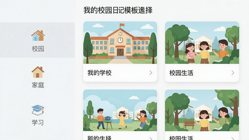 手机界面展示《我的校园日记》模板选择页面,左侧为分类图标如校园、家庭、学习,右侧为具体模板卡片,排版整齐,风格简约现代,细节显示模板名称如“我的学校”、“校园生活”,画质清晰,无杂乱背景