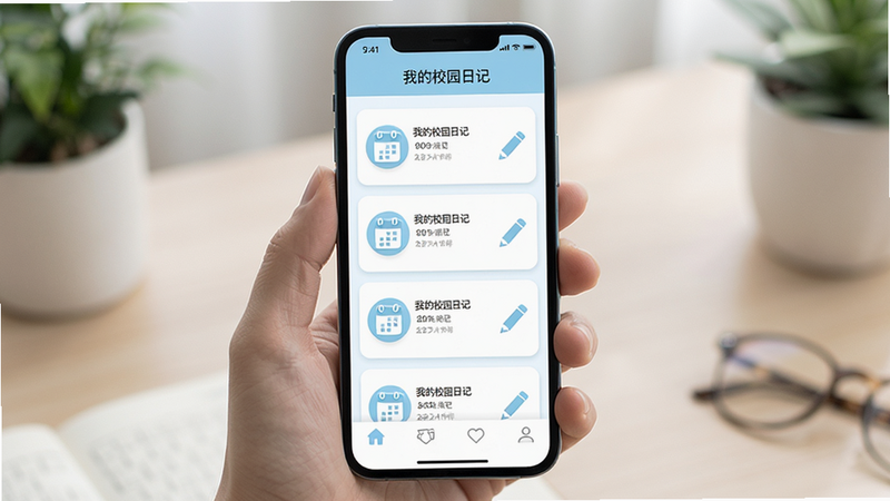 主体为手机屏幕展示《我的校园日记》APP首页界面,布局清晰简洁,顶部显示标题栏,中部为日记列表卡片,底部为导航栏,风格清新治愈,色调以浅蓝和白色为主,细节包含日历图标和铅笔图标,画质高清,干净无多余元素
