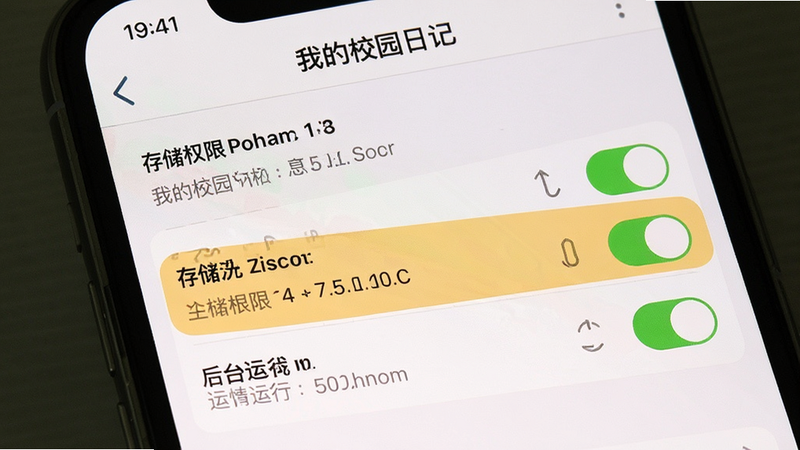 手机设置界面展示《我的校园日记》权限管理页面,高亮显示存储权限和后台运行选项,布局清晰,风格扁平化,细节显示权限开关状态,画质清晰,无杂乱元素