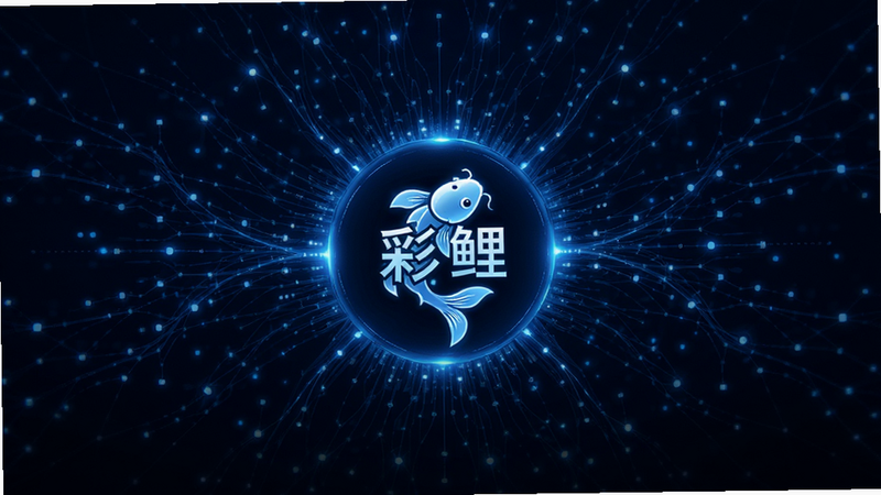 主体为抽象的连接网络图,中心是发光的“彩鲤”Logo,布局呈辐射状,排版对称,风格科技感蓝色调,细节包含流动的数据线条,画质高清,干净,无多余元素,文字加引号“智能匹配”