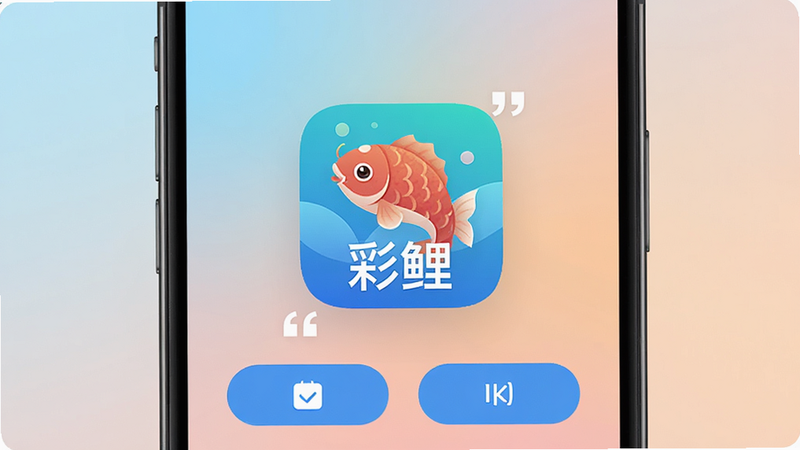 主体为手机屏幕界面,显示“彩鲤”应用图标,布局居中,排版简洁,风格扁平化现代UI,细节包含柔和的渐变背景与清晰的功能按钮,画质高清4K,干净无多余元素,文字加引号“彩鲤”