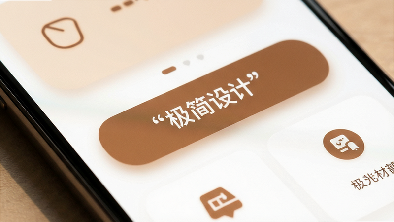 主体为手机UI界面特写,展示大按钮和清晰图标,布局上下分层,排版留白充足,风格温馨柔和,细节包含柔和的阴影效果,画质清晰,干净,无多余元素,文字加引号“极简设计”