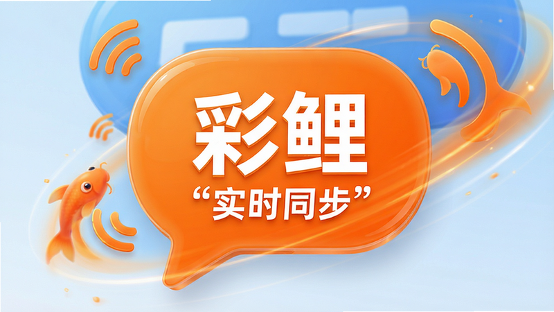 主体为消息气泡动画效果,中心显示“彩鲤”应用名,布局动态流动感,排版紧凑有序,风格活力橙色,细节包含信号波纹图标,画质高清,干净,无多余元素,文字加引号“实时同步”
