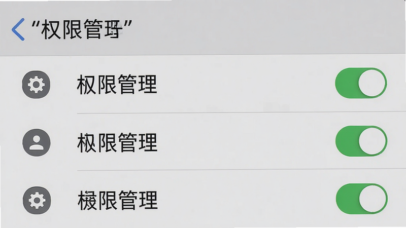 主体为手机设置界面截图,显示权限管理列表,布局左侧图标右侧文字,排版整齐,风格系统原生灰色调,细节包含开关状态指示器,画质清晰,干净,无多余元素,文字加引号“权限管理”