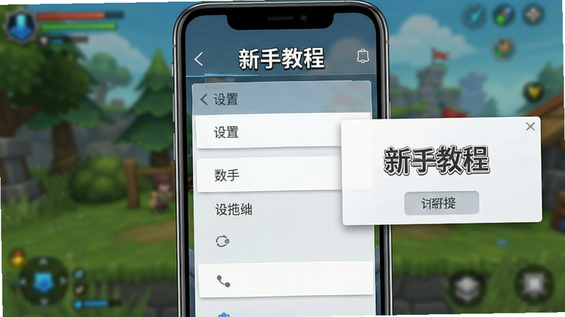 主体为手机界面截图,显示游戏内的设置菜单和教程提示框,背景为模糊的游戏场景。布局为上下结构,上方为标题,下方为选项列表,排版清晰,风格为UI设计展示,细节完整,画质清晰,干净无水印,文字“新手教程”清晰可见。