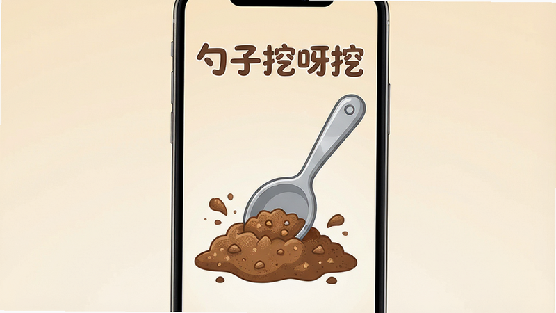 主体为手机屏幕界面,背景是柔和的米黄色渐变,中央显示一个卡通风格的金属勺子正在插入棕色沙土中,沙土呈现颗粒感,周围有少量飞溅的土粒。布局居中,排版简洁,风格为扁平化插画结合写实质感,细节丰富,画质高清,干净无多余元素,文字“勺子挖呀挖”位于顶部居中,字体圆润可爱。