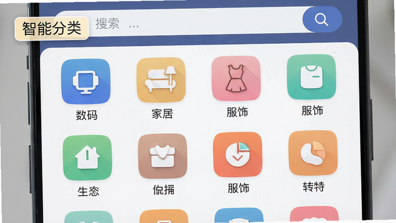 ����ΪAPP�ڵķ������չʾ������Ϊ����״ͼ�����У����������롱�����Ҿӡ��������Ρ��ȷ���ͼ�꣬�Ű����룬���Ϊ���UI��ƣ�ϸ�ڴ���������������ʾ�������������ɾ����޶���Ԫ�أ����֡����ܷ��ࡱ��Ϊ��ǩ����