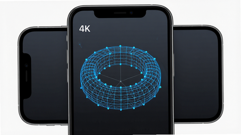 一张展示3D Circle应用界面的高清预览图,主体为手机屏幕中显示的蓝色线框3D圆环结构,背景为深灰色渐变,布局居中,排版简洁现代,风格科技感强,细节清晰展现网格线与顶点,画质4k,干净无多余元素