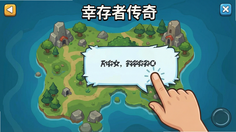 《幸存者传奇》新手教程界面,显示手指点击屏幕的操作示意图,背景为游戏地图,UI提示气泡清晰,风格简洁明了,卡通插图,高清晰度,无文字干扰,干净布局