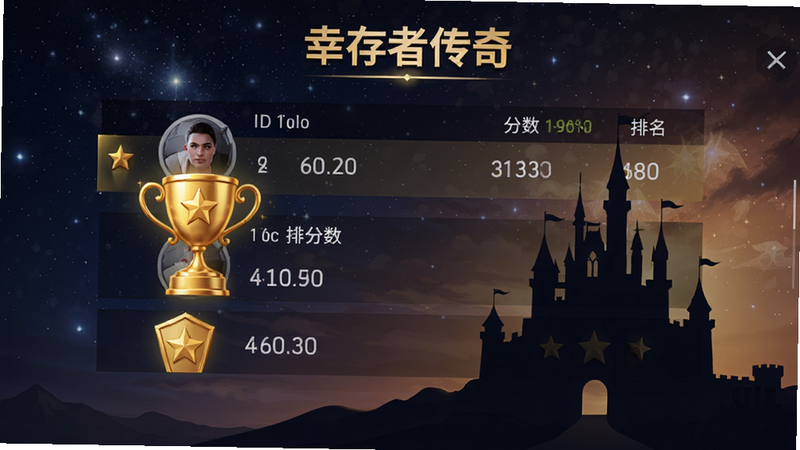 《幸存者传奇》排行榜界面,显示玩家ID、分数及排名,背景为星空与城堡剪影,UI设计简洁现代,金色奖杯图标突出,整体氛围荣耀感十足,高清渲染,无多余装饰,文字清晰可读