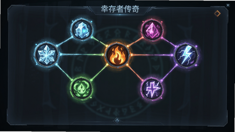 《幸存者传奇》技能树界面预览,多个发光技能图标连接成网,每个图标代表不同元素属性,如冰、火、雷,背景为半透明深色面板,布局清晰,科技感与奇幻感结合,高清细节,无文字,干净构图