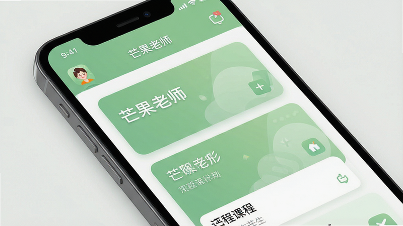 主体为手机屏幕特写,显示“芒果老师”应用界面,布局整洁,顶部有导航栏,中间是课程列表卡片,排版清晰,风格为现代扁平化设计,细节处体现柔和的绿色主色调,画质高清,干净,无多余元素