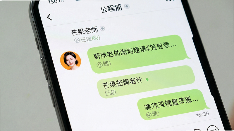 主体为手机聊天界面,显示“芒果老师”沟通模块,布局为左侧头像右侧气泡,排版标准聊天样式,风格为清新简约,细节处有已读标识,画质锐利,干净,无多余元素