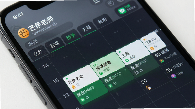 主体为手机日历界面,显示“芒果老师”排课模块,布局为周视图,高亮显示当前课程,排版紧凑且逻辑清晰,风格为商务简约风,细节处有绿色高亮标记,画质清晰,干净,无多余元素