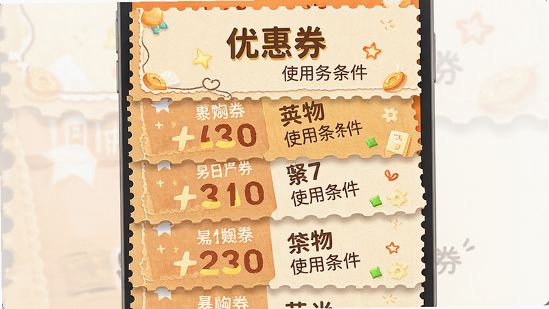 石购APP优惠券列表界面,主体为多张优惠券卡片堆叠,布局垂直排列,每张券显示面额和使用条件,排版整齐,风格活泼温馨,细节显示券面纹理,画质高清,干净无多余元素,文字'优惠券'清晰可见