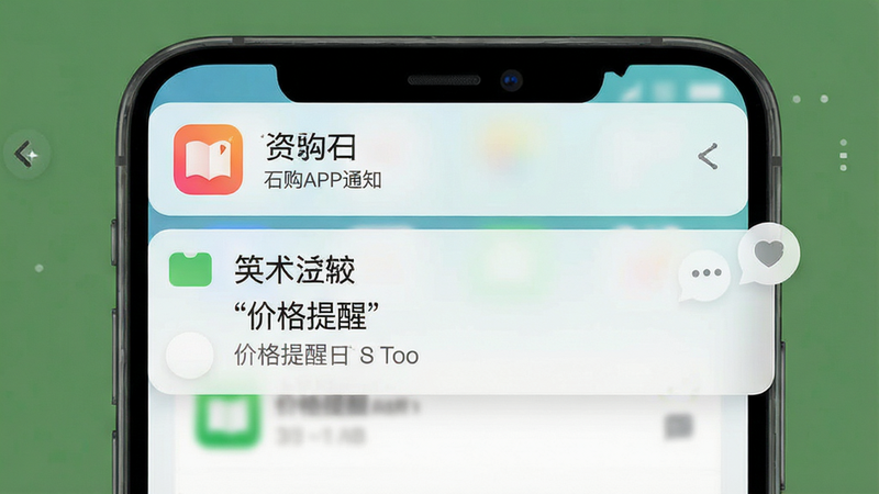 石购APP推送通知界面,主体为手机通知栏,布局顶部显示应用图标和标题,中部显示提醒内容,排版简洁,风格清新,细节显示通知气泡,画质高清,干净无多余元素,文字'价格提醒'清晰可见