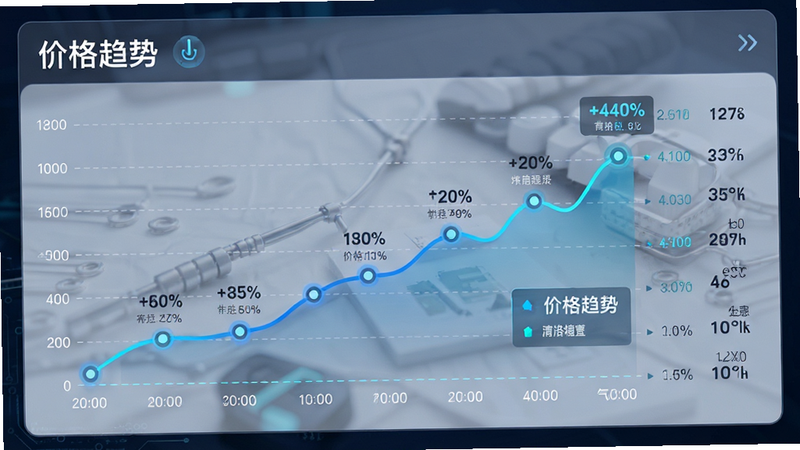 石购APP价格对比界面,主体为折线图,布局横向展开,左侧为时间轴,右侧为价格数值,排版清晰,风格科技感,细节显示数据点,画质高清,干净无多余元素,文字'价格趋势'清晰可见
