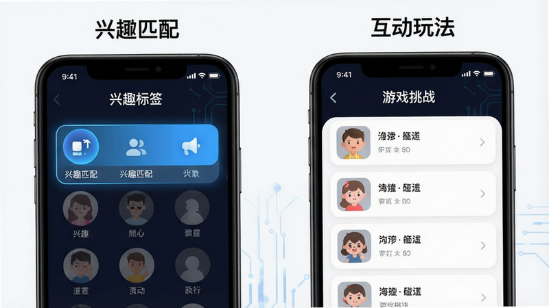 碰碰杯功能模块展示图,主体为手机界面截图,布局分为左右两列,左侧展示“兴趣标签”选择界面,右侧展示“游戏挑战”列表,排版整齐,风格为科技感与亲和力结合,细节处有高亮显示当前选中项,画质清晰,干净,无多余元素,文字“兴趣匹配”和“互动玩法”清晰标注