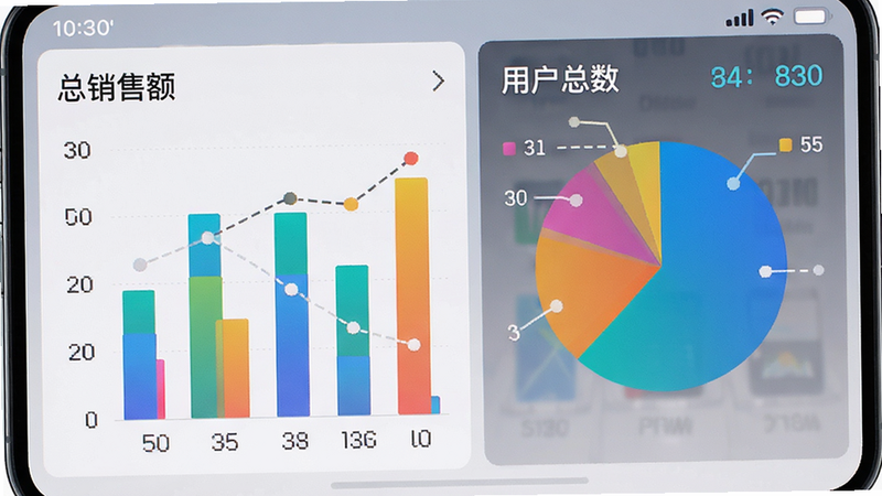 CSV 数据统计功能界面,主体为柱状图与饼图展示,背景为手机屏幕,文字显示“总销售额”“用户总数”,风格数据可视化,色彩鲜明,布局合理,细节精致,画质清晰