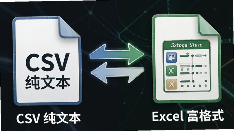 CSV 与 Excel 格式对比示意图,主体为两个并排的文档图标,左边标注“CSV 纯文本”,右边标注“Excel 富格式”,中间用箭头表示双向转换,背景简洁,文字清晰,风格对比鲜明,细节精致,画质高,干净