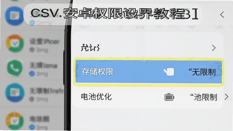 CSV 安卓权限设置界面教程图,主体为手机设置菜单,高亮显示“存储权限”和“电池优化”选项,背景为模糊的应用列表,文字清晰标注“允许”“无限制”,风格指导手册式,细节清晰,画质高,干净