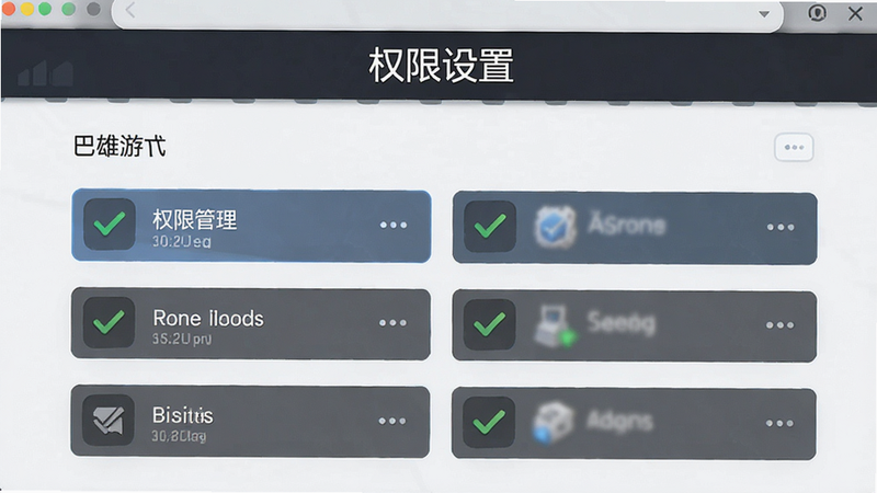 主体是巴雄天下游戏的设置界面,展示了权限管理选项,布局清晰,排版整齐,风格为现代简约UI,细节勾选图标清晰可见,画质高清,干净无背景干扰,文字