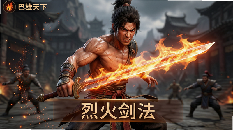 主体是巴雄天下游戏内的战斗场景,展示一名战士正在释放烈火剑法,剑身燃烧着熊熊烈火,特效华丽但不遮挡视野,布局聚焦于角色动作,排版紧凑,风格为动态写实,细节刻画火焰粒子效果与角色肌肉紧绷感,画质高清,干净无UI干扰,文字