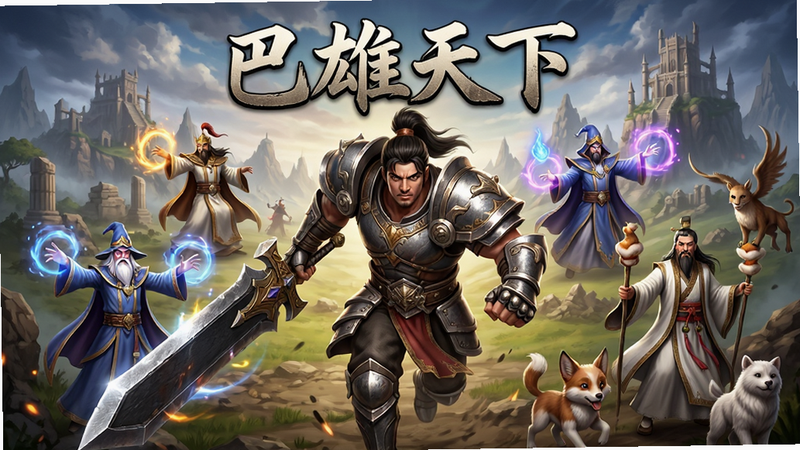 主体为巴雄天下手游的高清宣传海报,背景是充满史诗感的玛法大陆全景,中央是身穿重甲的战士手持巨剑冲锋,周围环绕着法师的魔法特效和道士的宠物,布局对称且富有冲击力,排版简洁大气,风格为写实3D渲染,细节展现皮肤纹理与金属光泽,画质4k超清,干净无多余元素,文字