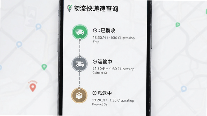 主体为“物流快递速查询”实时轨迹时间轴界面,布局纵向排列,节点图标清晰,包含“已揽收”、“运输中”、“派送中”状态,背景浅灰,排版整齐,风格商务简洁,细节展示时间戳与地点,画质高清,干净无多余元素