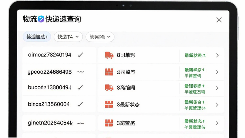 主体为“物流快递速查询”多单号列表视图,布局为列表形式,每行显示单号前缀、快递公司与最新状态,顶部有筛选标签,背景白色,排版紧凑高效,风格实用主义,细节展示批量管理优势,画质高清,干净无多余元素
