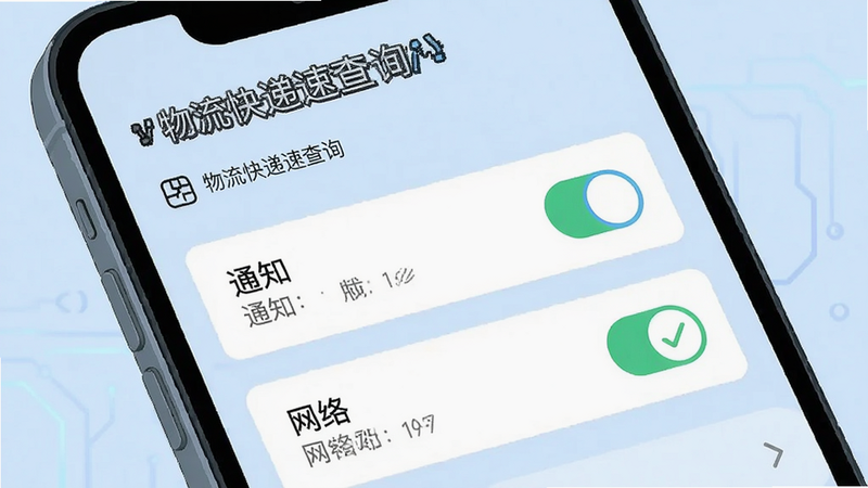 主体为手机设置界面截图风格插画,显示“物流快递速查询”应用权限设置页,布局清晰,突出“通知”与“网络”权限开关,背景浅蓝,排版规范,风格科技感,细节展示勾选状态,画质高清,干净无多余元素