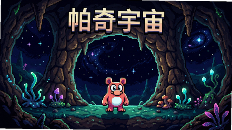 主体为“帕奇宇宙”游戏主界面全景,布局清晰展示主角帕奇站在像素风格的神秘洞穴入口,背景是深邃星空与发光植物,排版居中对称,风格为精致像素艺术,细节丰富包含光影效果与纹理质感,画质高清锐利,干净无多余元素,文字