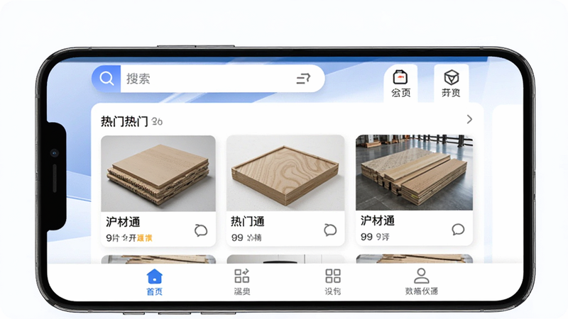 主体为手机界面展示的沪材通APP首页,布局清晰,顶部显示搜索栏和分类图标,中间展示热门板材商品卡片,底部为导航栏,风格为现代简约商务风,细节处体现专业感,画质高清,干净无多余元素,文字显示