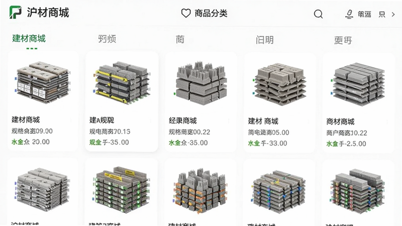 主体为沪材通APP的商品分类页面,布局采用网格状商品卡片展示,每个卡片包含产品图片、名称和简要规格,风格为电商货架风,细节丰富,画质清晰,干净无杂项,文字显示