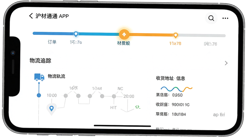 主体为沪材通APP的订单详情页面,布局上方为订单状态进度条,下方为物流轨迹时间轴和收货地址信息,风格为扁平化UI设计,细节处高亮显示当前状态,画质高清,干净界面,文字显示