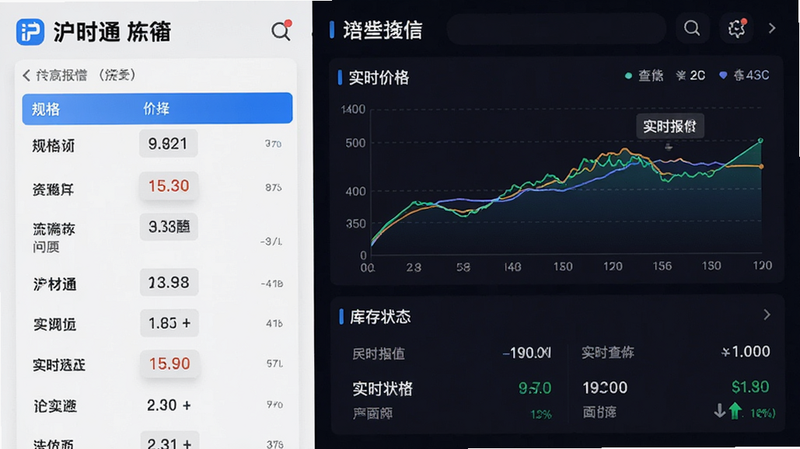 主体为沪材通APP的价格查询界面,布局左侧为规格选择列表,右侧为实时价格走势图和库存状态,风格为数据可视化图表风,细节展示数字清晰,画质锐利,干净背景,文字显示