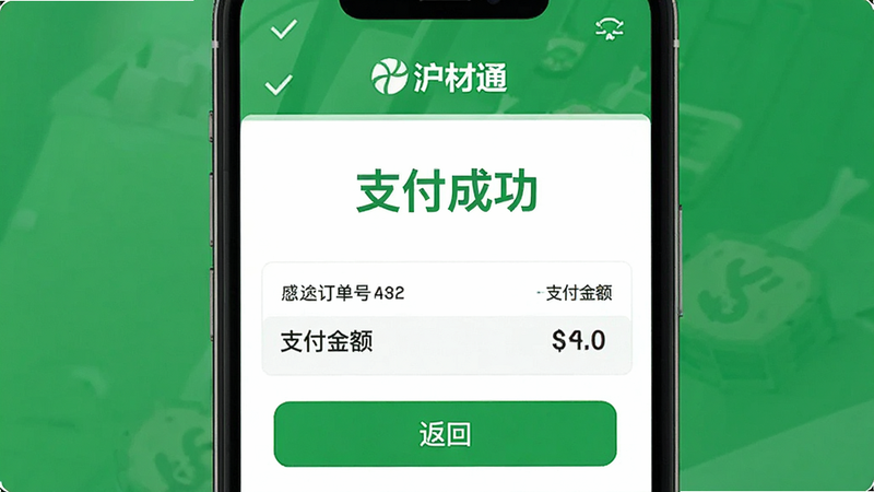 主体为沪材通APP的支付成功页面,布局显示订单号、支付金额和返回按钮,风格为简洁绿色成功风,细节清晰,画质高清,干净无杂项,文字显示