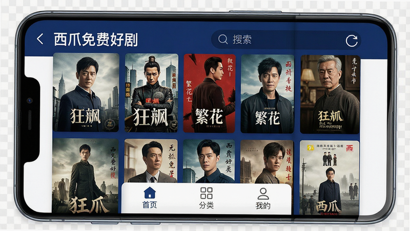 一张高清手机界面展示图,主体为一部现代智能手机,屏幕显示“西爪免费好剧”应用首页,布局清晰,顶部有搜索栏,中间是网格状排列的电影海报,包含《狂飙》《繁花》等热门剧集封面,底部导航栏包含“首页”“分类”“我的”图标,风格简约扁平化,色彩以深蓝和白色为主,细节清晰,画质4K,干净无多余元素,文字“西爪免费好剧”清晰可见