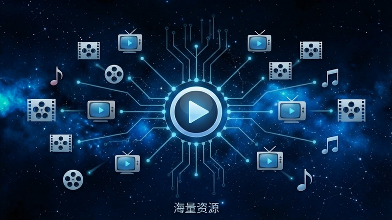 抽象概念图,展示数据流汇聚到一个中心节点,中心节点是一个播放按钮图标,周围环绕着各种电影胶片、电视屏幕和音乐符号的图标,背景为深蓝色科技感星空,布局呈放射状,排版整齐,风格现代科技风,细节丰富,画质高清,干净无多余元素,文字“海量资源”以小号字体显示在底部