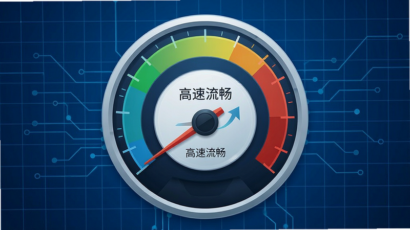 网络速度仪表盘概念图,主体为一个圆形仪表盘,指针指向高速区域,背景为蓝色科技网格,布局中心对称,风格现代简约,细节精致,画质4K,干净无多余元素,文字“高速流畅”显示在仪表盘中心