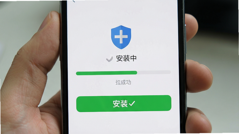 主体为手机安装界面,布局为中央显示安装进度条,排版简洁,风格为系统原生UI,细节显示安全盾牌图标、安装成功勾选,画质清晰,干净,无多余元素,文字“安装中”